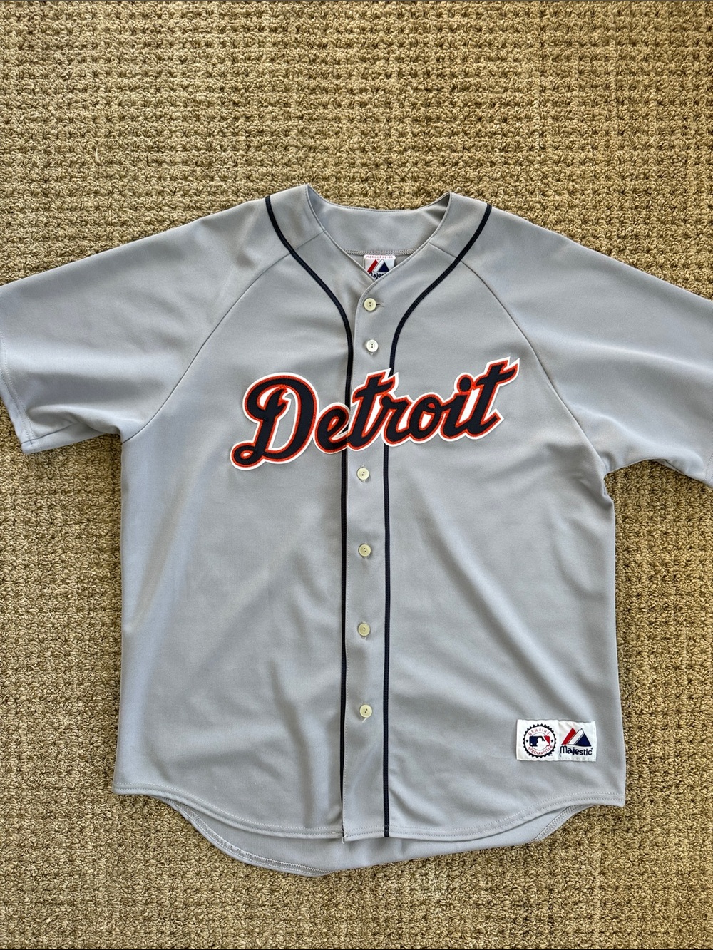 Majestic Gray Detroit Tigers Baseball Jersey with Navy & Orange Trim, Men’s XL